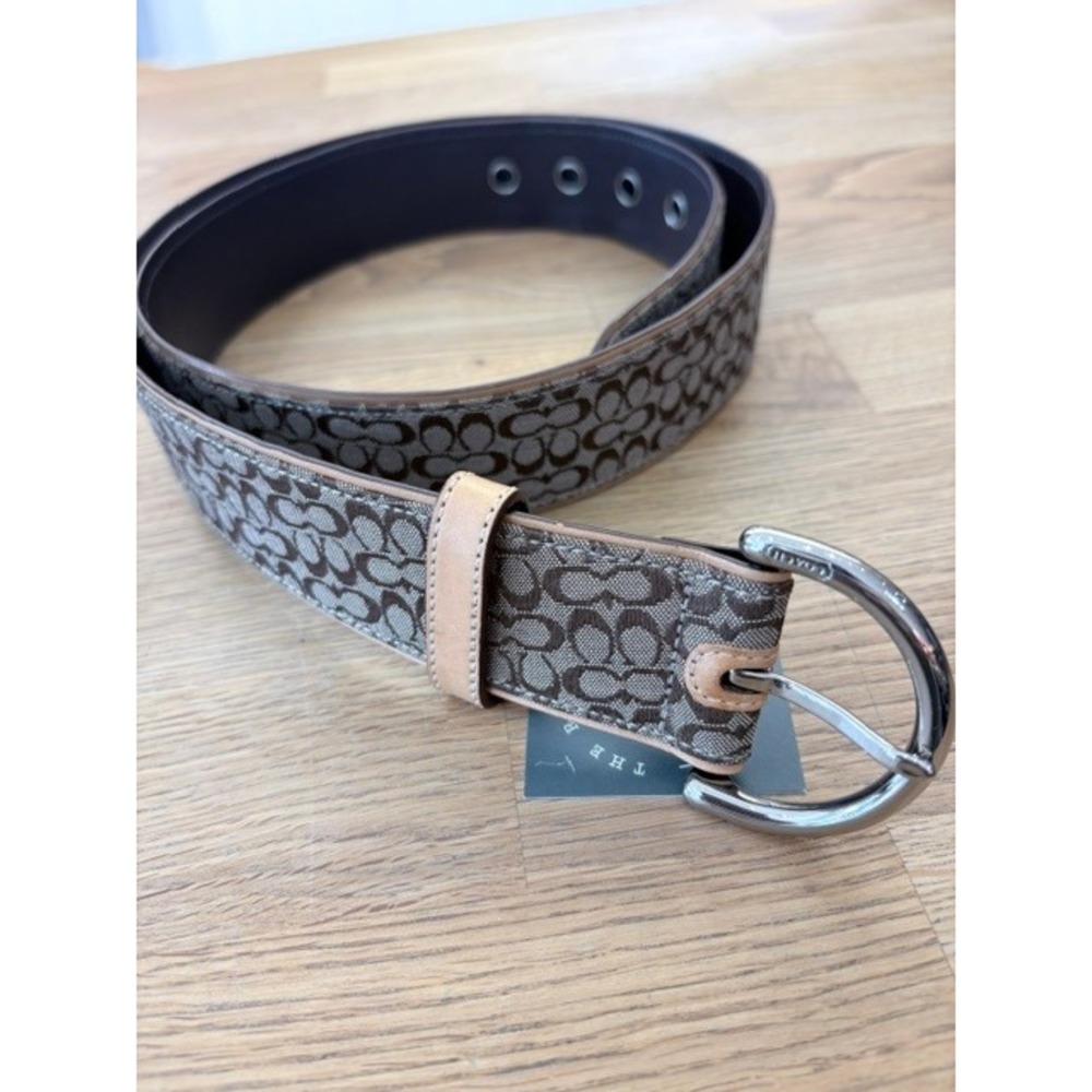 Coach Signature Jacquard Belt Women's Size L Brown Monogram Leather Trim Y2K